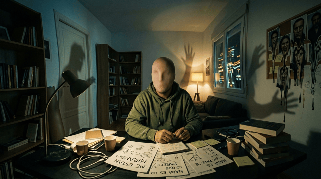 Man at desk surrounded by books, notes, diagrams, and Spanish warnings