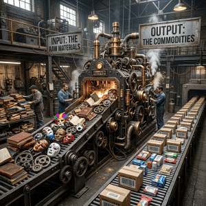 Factory machine labeled “COMMODITY ALCHEMATOR” between signs reading “INPUT: THE RAW MATERIALS” and “OUTPUT: THE COMMODITIES”